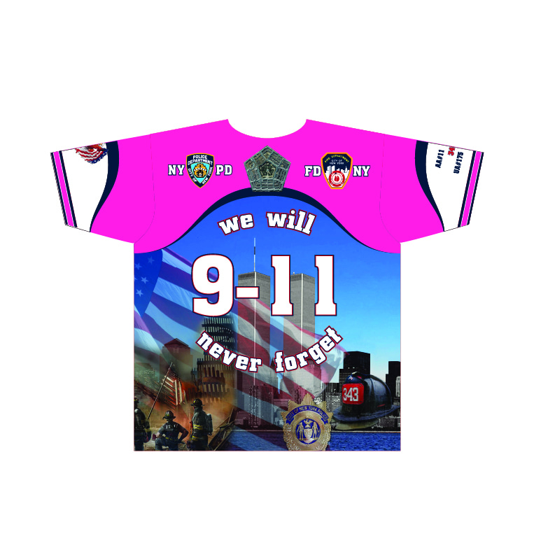 911 Memorial - We will Never Forrget Shirt - Pink Sleeves - White Body - back