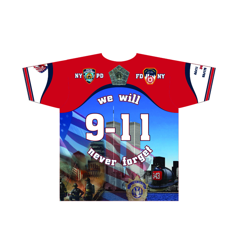 911 Memorial - We will Never Forrget Shirt - Red Sleeves - White Body - back