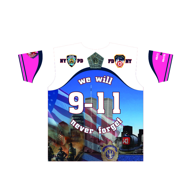 911 Memorial - We will Never Forrget Shirt - White Sleeves - Pink body - back