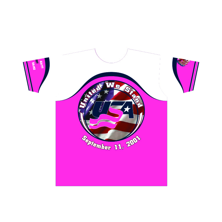 911 Memorial - We will Never Forrget Shirt - White Sleeves - Pink body