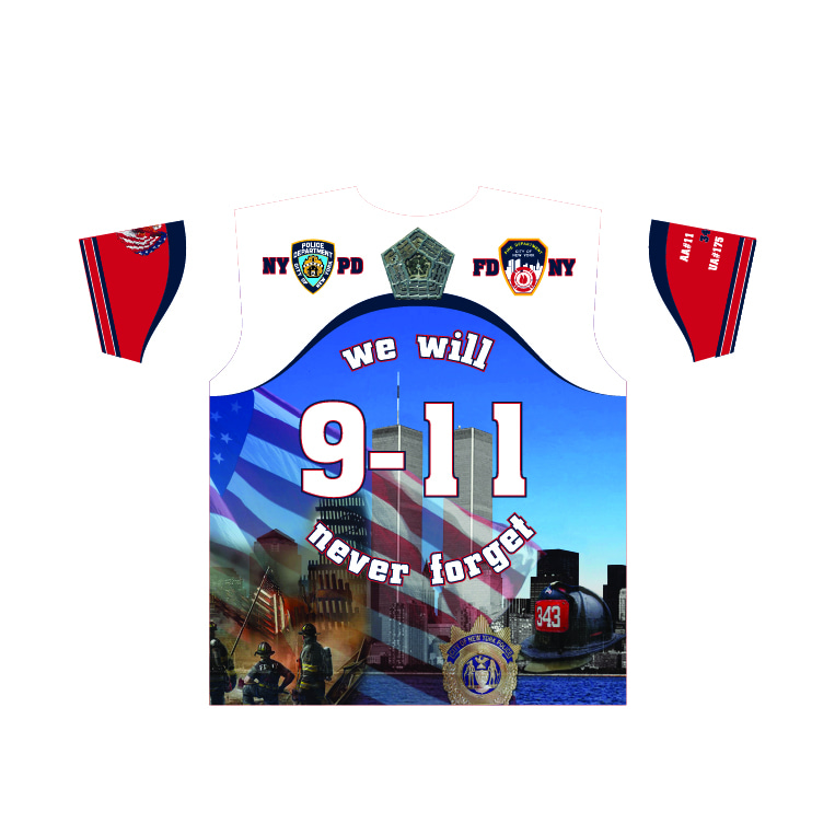 911 Memorial - We will Never Forrget Shirt - White Sleeves - Red body - back